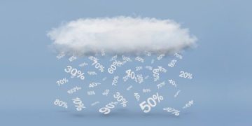 A rain of percentage symbols of different sizes falls from a 3d cloud on a blue background.