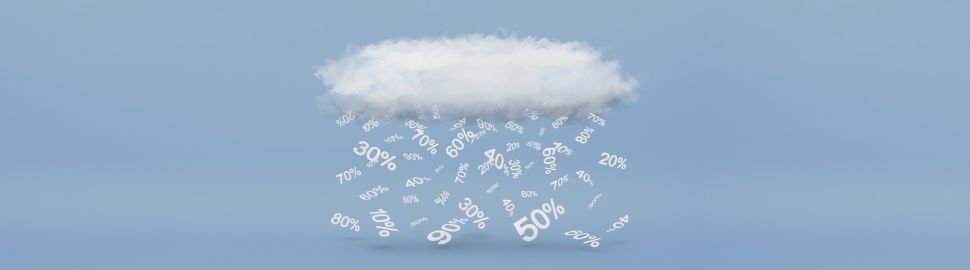A rain of percentage symbols of different sizes falls from a 3d cloud on a blue background.